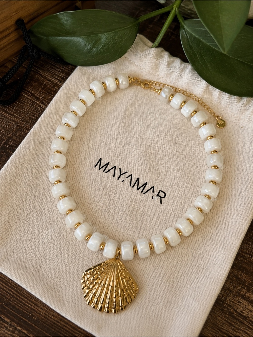 New Mayamar White  Bead Necklace with 24kt Gold dipped Shell Pendant